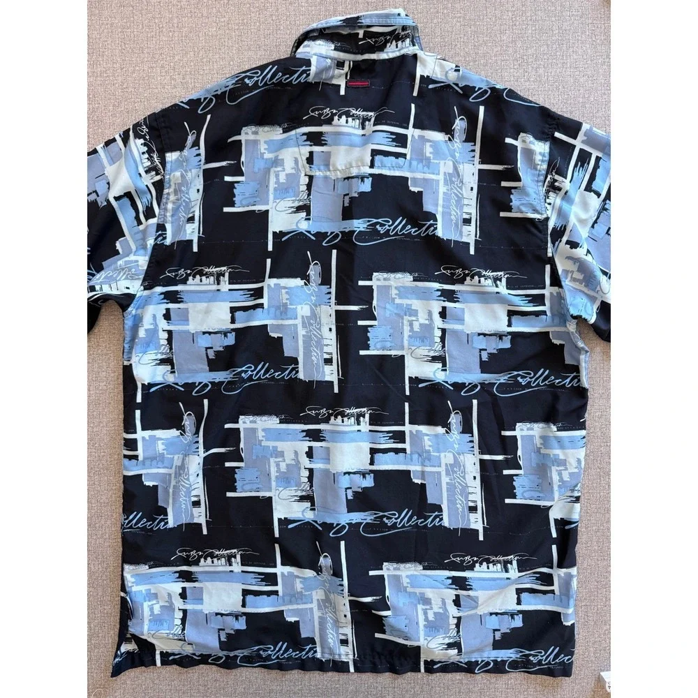 FUBU Collection Mens XL Short Sleeve Button Down Shirt Black Blue Abstract Print